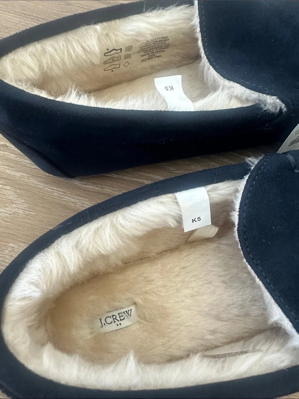 J.Crew kids Navy Suede Moccasin Slippers with Faux Fur Lining